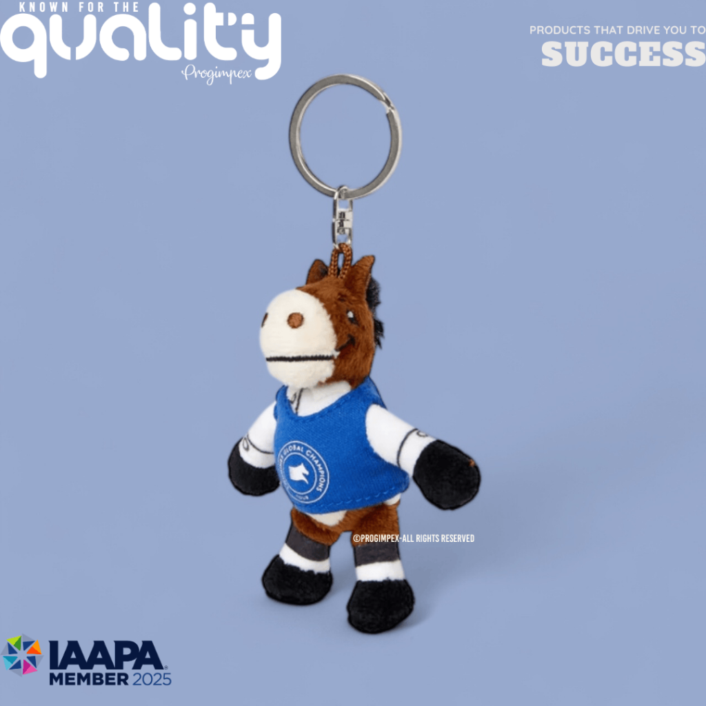 Progimpex is an expert in creating mini plushies and keychains. Blue Mini Horse Keychain Plush Toy with blue shirt.