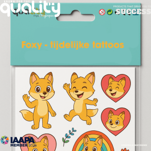 Progimpex, Temporary tattoos — CE compliant, safe inks and EN 71 tested. Foxy