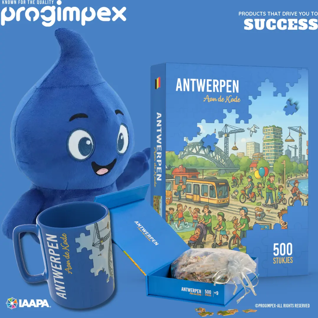 Antwerp souvenir collection featuring a custom plush mascot, printed mug and 500-piece “Aan de Kade” jigsaw puzzle.