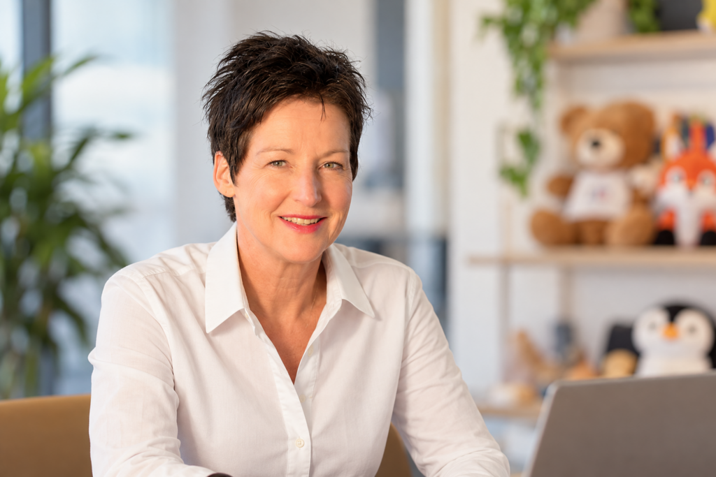 Sabrina Maes, Founder & Managing Director of Progimpex, in the office with custom plush toys made for brands.