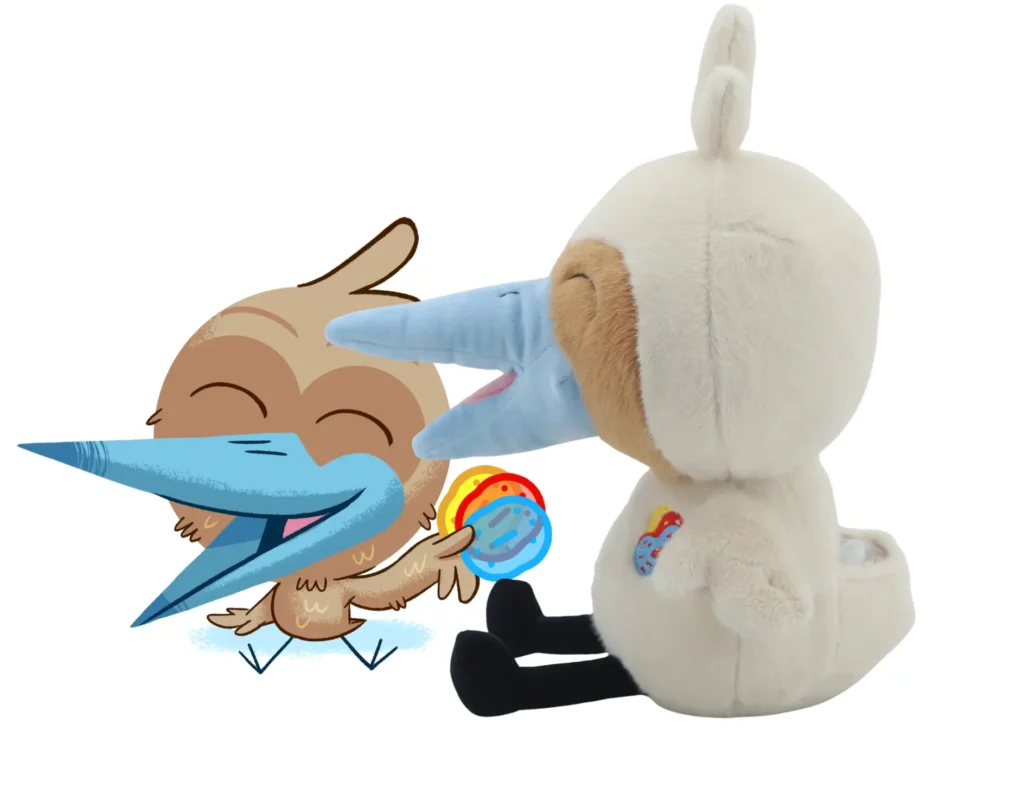 Drawing of a bird character with a long blue beak next to the custom plush toy made by Progimpex, with the same blue beak, closed smiling eyes and colourful embroidered detail.