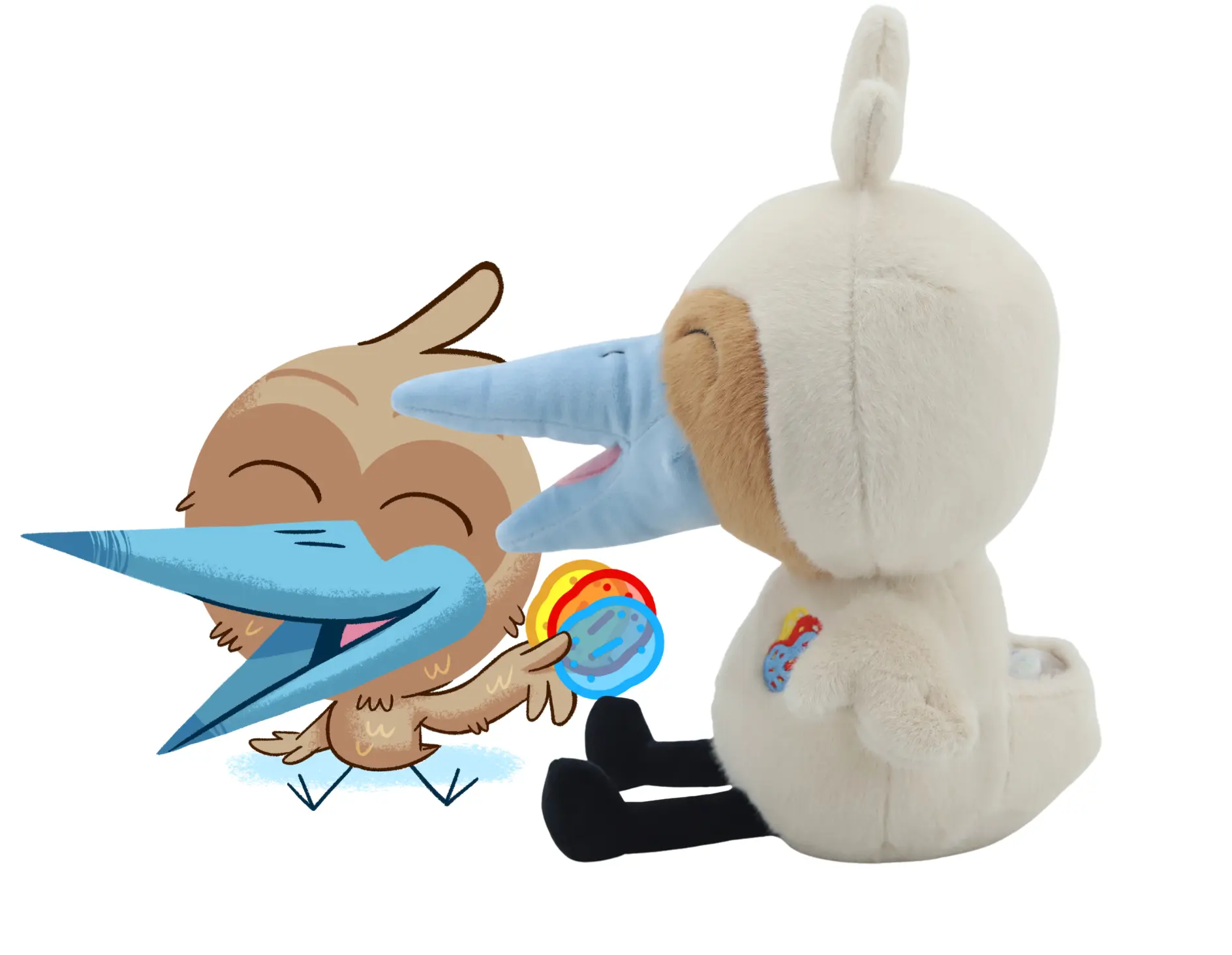Drawing of a bird character with a long blue beak next to the custom plush toy made by Progimpex, with the same blue beak, closed smiling eyes and colourful embroidered detail.