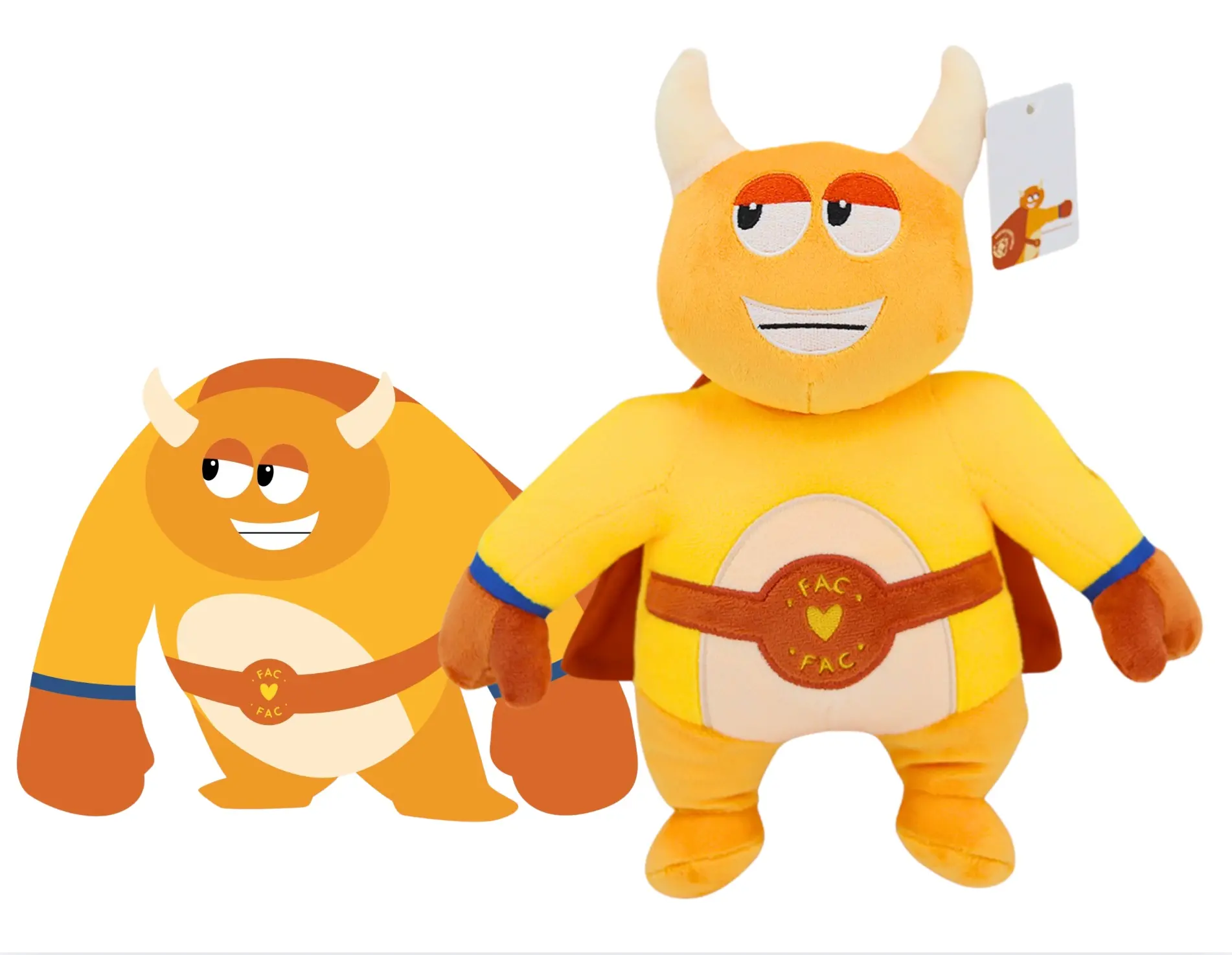 Drawing of Benny de Viking, the character of Planeet Goudgeel and Fighting Against Cancer, next to the custom plush toy made by Progimpex, with the same horns, cape, boxing gloves and FAC belt.