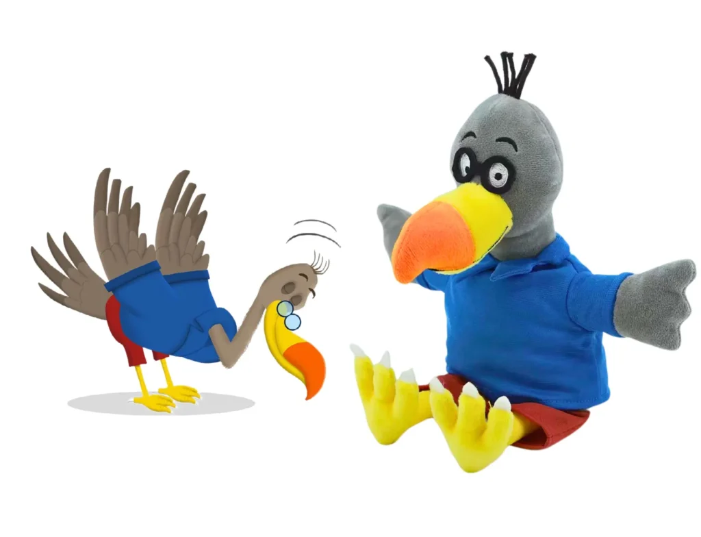 Original drawing of the bird character from publisher Kwintessens next to the plush hand puppet made by Progimpex, with the same blue shirt, red shorts, glasses and yellow beak