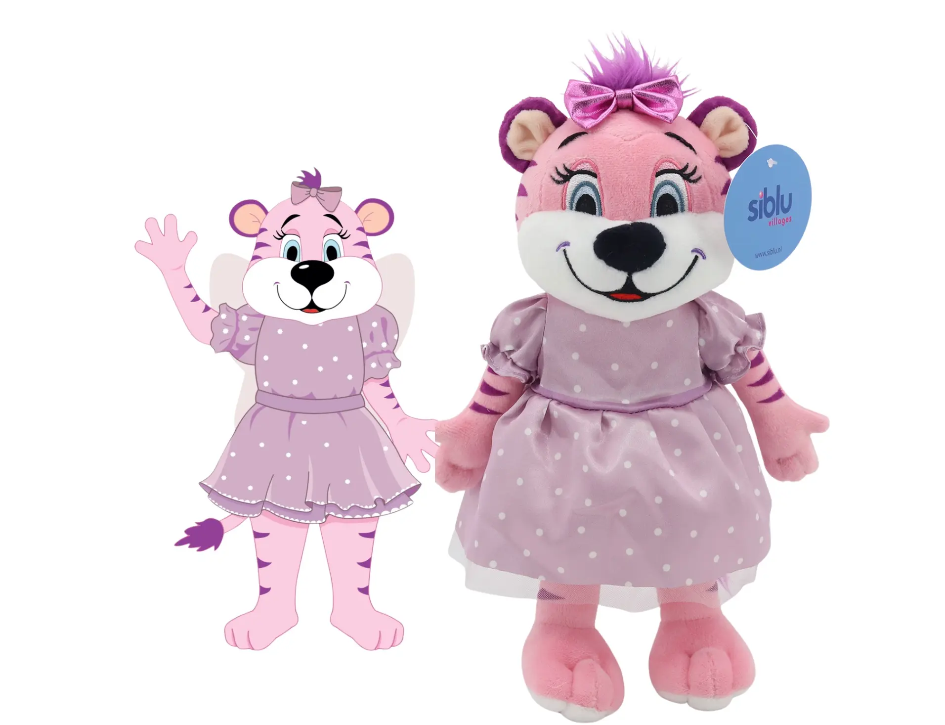 Siblu Pink princess tiger character with butterfly wings and polka-dot dress, as a custom plush toy made by Progimpex.