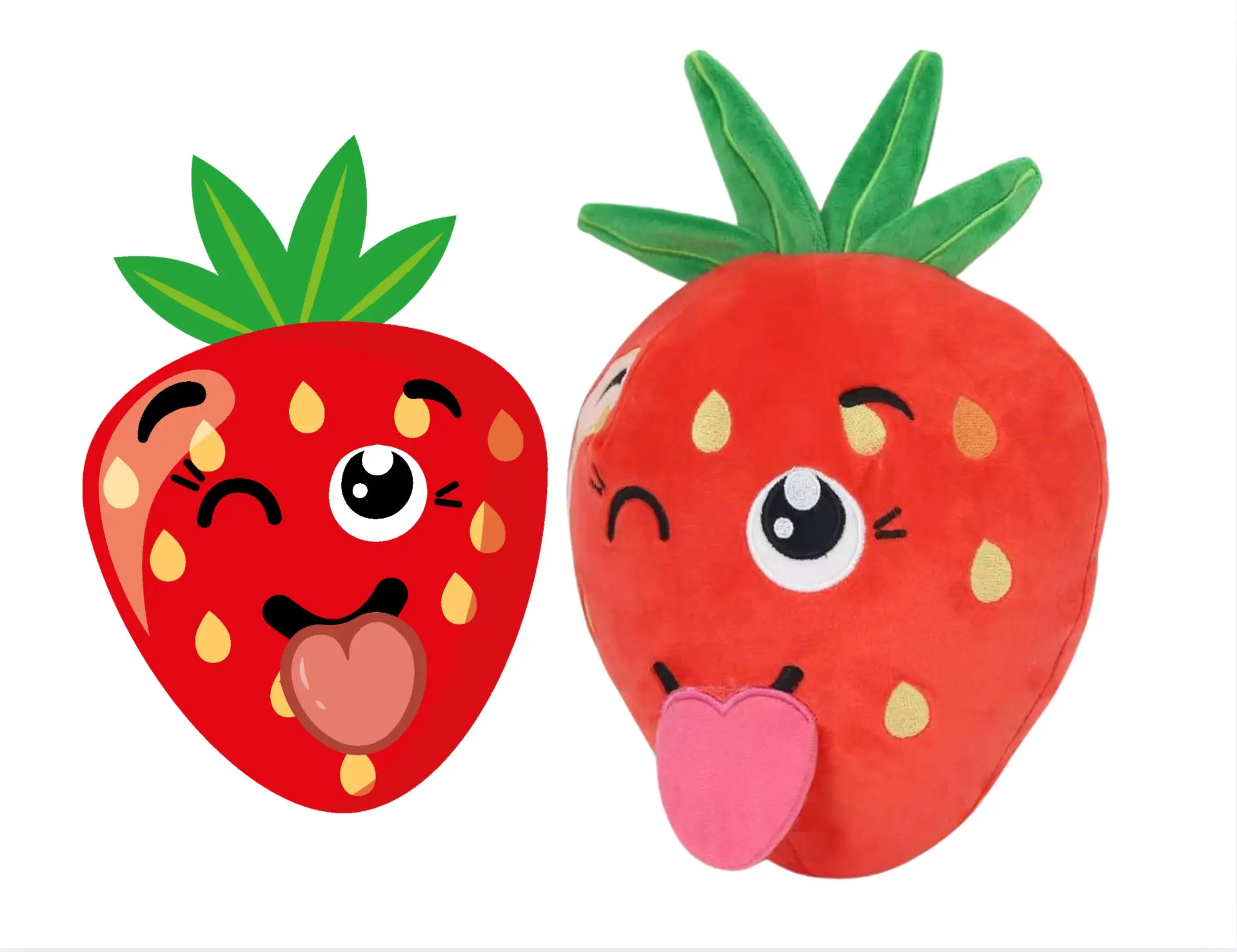 Original drawing of the strawberry character from Urgo-Vistalife to a plush super soft strawberry pillow Progimpex