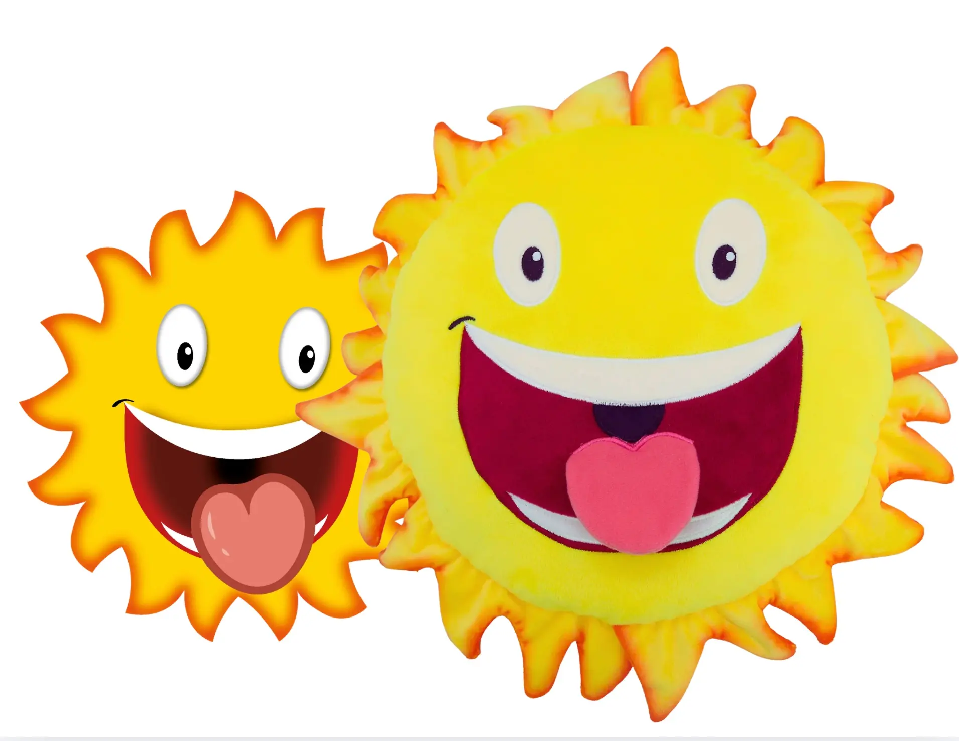 Urgo, the sun character of Vistalife vitamins, as illustration next to the custom plush toy made by Progimpex, with the same open smile, tongue and eyes.
