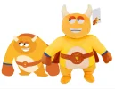 Drawing of Benny de Viking, the character of Planeet Goudgeel and Fighting Against Cancer, next to the custom plush toy made by Progimpex, with the same horns, cape, boxing gloves and FAC belt.